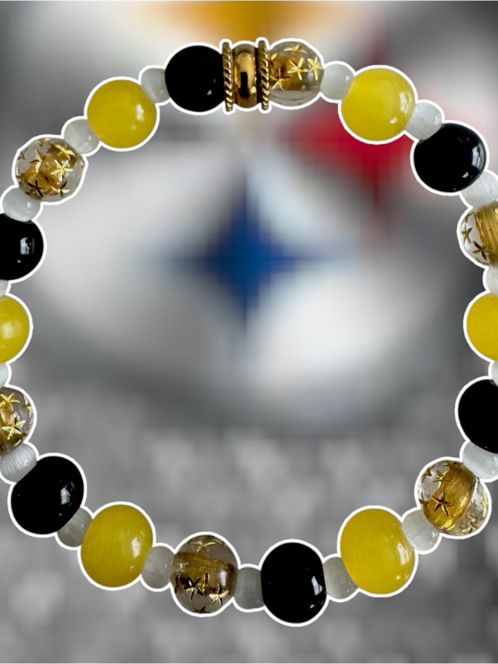 “Pittsburgh Steelers” Beaded Stretch Bracelet in Yellow, Black & Gold